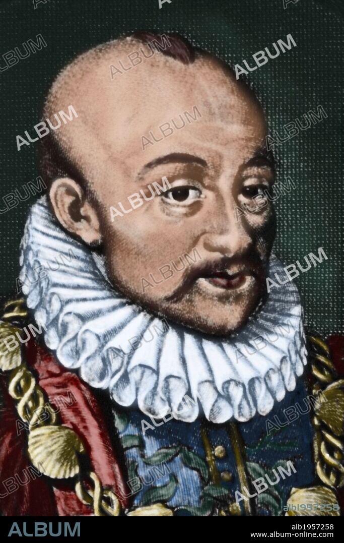 MONTAIGNE, Michel Eyquem de (Castillo de Montaigne, 1533-1592). Escritor francés. Su pensamiento es una sabiduría que, bajo aspectos estoicos, se fuerza a mantener el ocio, la felicidad y la libertad del hombre en ese periodo turbulento, unas veces con ayuda de la razón y otras de la naturaleza. Grabado coloreado.