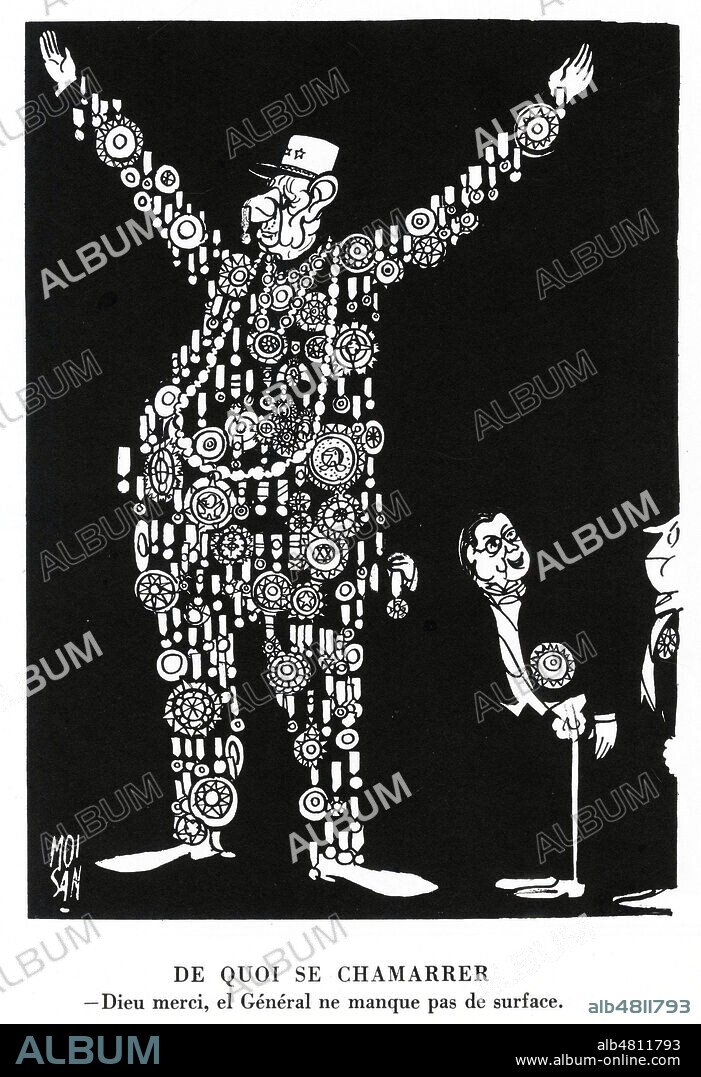 De quoi se chamarer. Dieu merci, el General ne manque pas de surface (Le president Charles de GAULLE (1890-1970). Caricature de MOISAN (1907-1987=ADAGP) paru dans le Canard enchaine et repris dans Dix Ans d'Histoire en Cent Dessins de 1968. ADAGP. Credit : Collection Jonas/Kharbine-Tapabor.