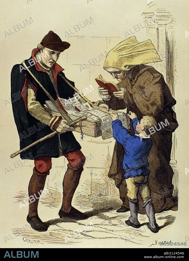 SOCIEDAD EDAD MEDIA. SIGLO XV. VENDEDOR de pliegos de cordel y libretos en una plaza pública. Ilustración del siglo XIX.