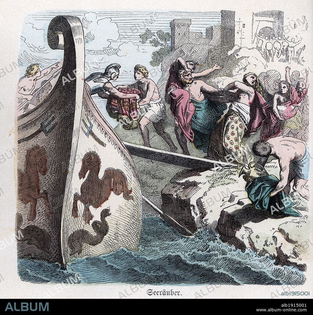 Historia Antigua. Grecia. Saqueo de una ciudad por piratas griegos. Grabado alemán de 1865.