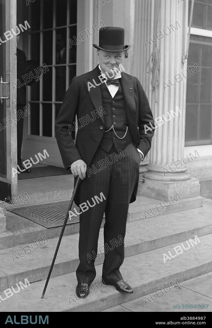 Digitally restored vintage English history photo of Winston Churchill wearing top hat and tails, in 1929.