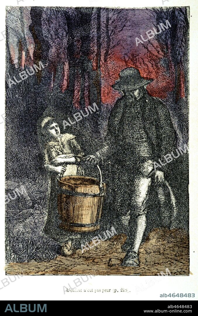 Jean Valjean aidant cosette a porter son seau dans la foret in les Miserables de Victor HUGO (1802-1885). Illustration d'Emile BAYARD (1837-1891) vers 1880. Credit: Collection KHARBINE-TAPABOR.