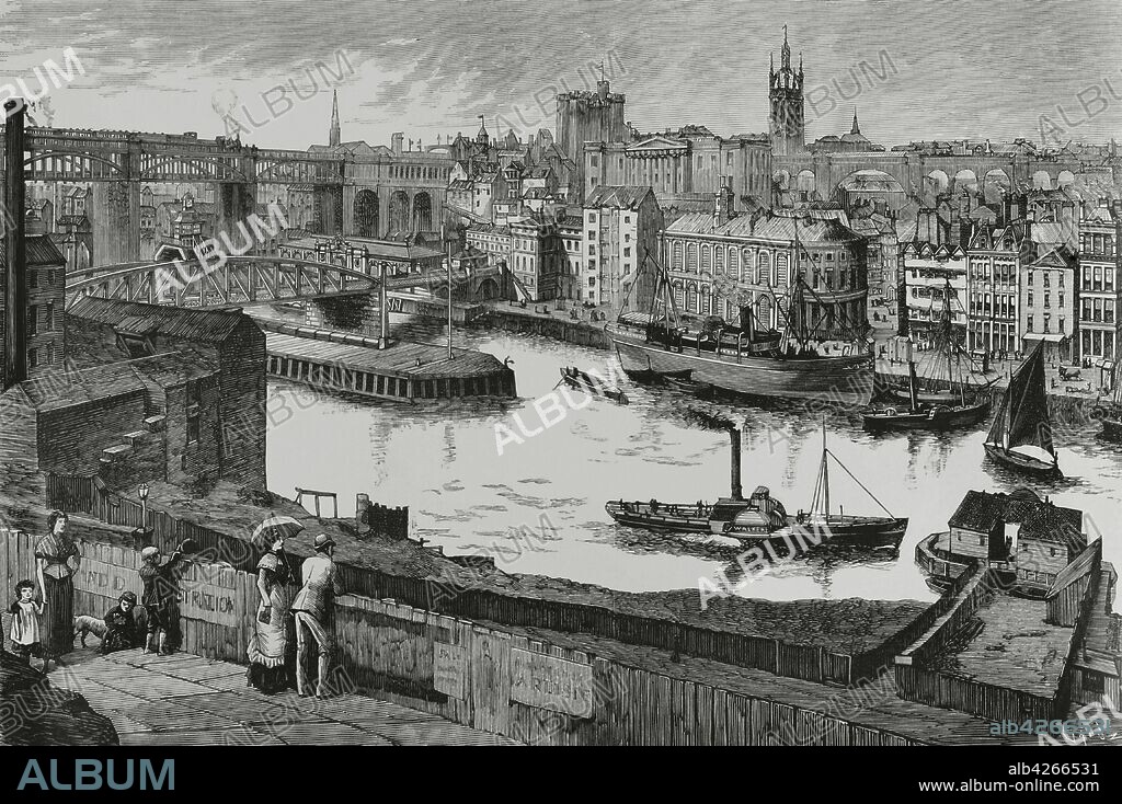 Reino Unido. Inglaterra. Newcastle. Vista de la ciudad a orillas del rio Tyne. Importante centro comercial y manufacturero. Grabado por Tomás Carlos Capuz (1834-1899). La Ilustración Española y Americana,22 de junio de 1881.