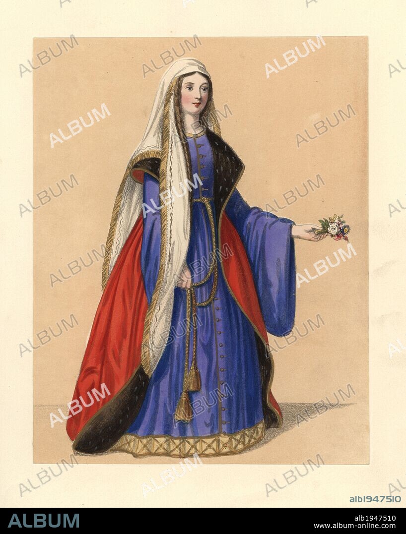Dress of the reign of King Henry I, 1100~1135. She wears a long veil, a sable-lined cloak over a full dress with flared sleeves. "Golden Book of St. Albans," 12th century manuscript, “Ordericus vitalis,” and a suit of fur (black sable with white spots) presented by the Bishop of Lincoln to the king. Handcoloured lithograph from "Costumes of British Ladies from the Time of William the First to the Reign of Queen Victoria,” London, Dickinson & Son, 1840. 48 mounted plates of women's fashion from 1066 to 1840 based on effigies, manuscripts, portraits, prints and literary descriptions.
