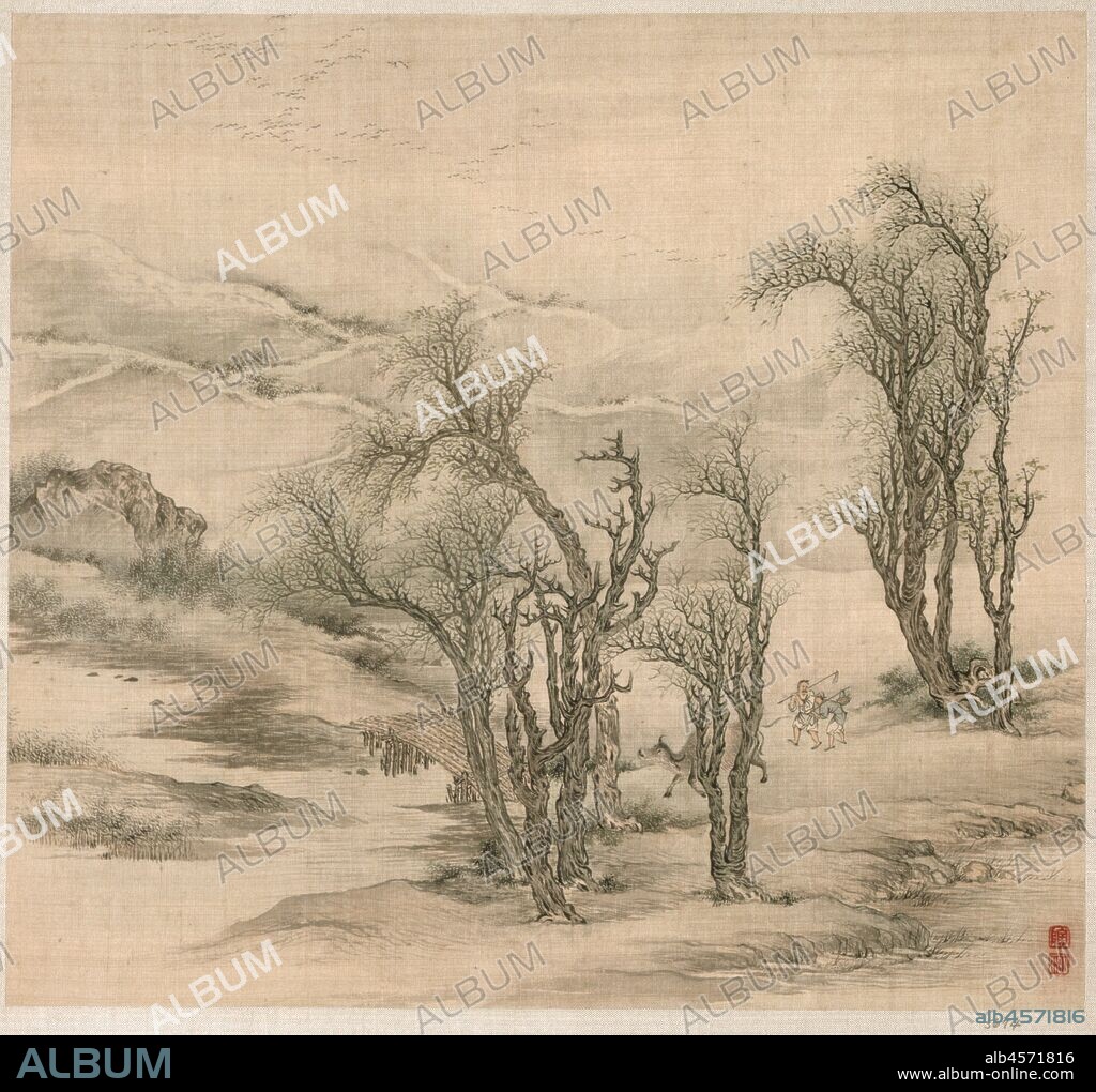 Returning Peasants in a Spring Evening, early 1600s. Although little known today, Tao Hong was a versatile artist who here depicts farmers returning home after a day in the fields. The shallow stream and dormant rice fields, the returning birds, and light sprinkles of green foliage all indicate the beginning of the farming season and hope for a good harvest. While this leaf depicts rural life, the second one,1999.224, is of a more poetic nature. A lone crane stands in a bamboo grove. By using light colours and nuanced brushwork, Tao Hong achieves an effect of natural light and luminosity.