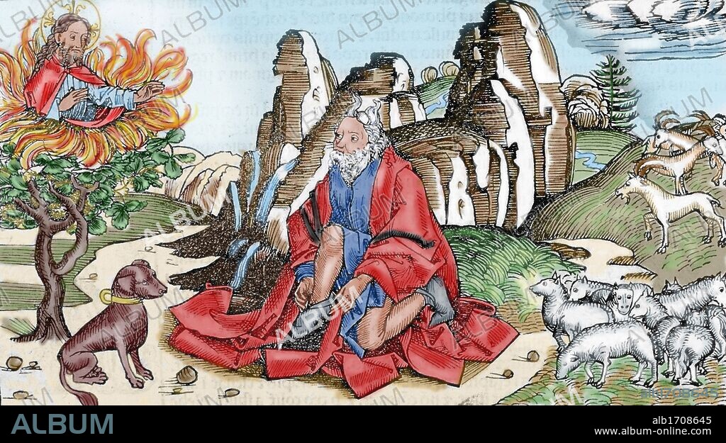 "MOISES ORANDO EN LA CIMA DE UNA MONTAÑA. APARICION DE DIOS PRESENTANDOSE COMO FUEGO EN UNA ZARZA". Grabado coloreado del siglo XVI.