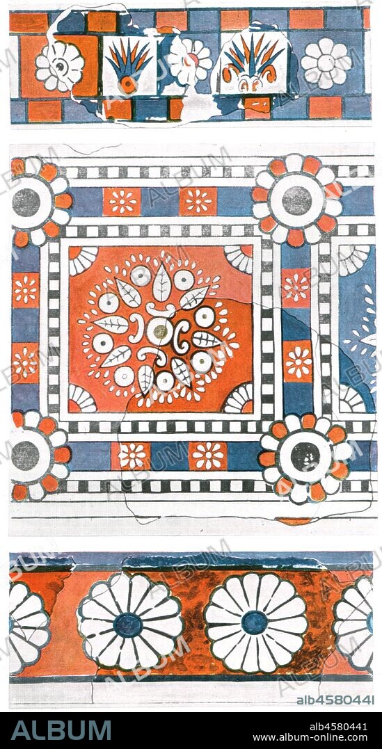 Fragments of mural paintings from the palace of Tukulti-Ninurta I, Kar-Tukulti-Ninurta, Assyria, (1928). '1260-1240 B.C...The lighter tints show the reconstructed part. All the fragments come from the mural paintings of a palace which the Assyrian king Tukulti-Ninurta I (1260-123 8 B.C.) built in the city of Kar-Tukulti-Ninurta [modern Iraq] which was named after him'. After W Andrae. Plate XIV, figs 40-42, from "An Encyclopaedia of Colour Decoration from the Earliest Times to the Middle of the XIXth Century" with explanatory text by Helmuth Bossert. [Ernst Wasmuth Ltd., Berlin, 1928].