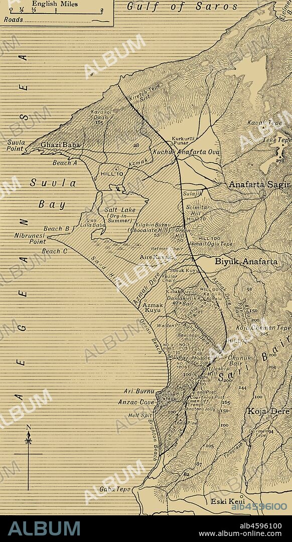 'The Suvla and Anzac Line', First World War, August 1915, (c1920). '...map showing approximately by the shaded portion the area occupied after the linking up of the two armies in August, 1915'. The landing at Suvla Bay on the coast of the Gallipoli peninsula in Turkey was part of the August Offensive. The area was the scene of heavy fighting between the allied forces of the British Empire including Australia, and New Zealand (ANZACs), and the Turkish Ottoman Empire. From "The Great World War: A History", Volume V, edited by Frank A Mumby. [The Gresham Publishing Company Ltd, London, c1920].