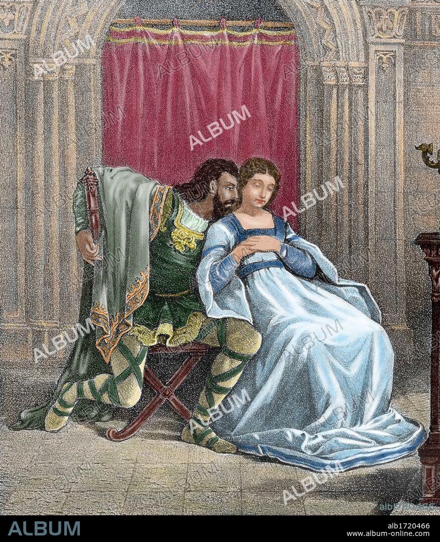 Roderic. Visigoth king (709-711). He lost the throne when the peninsula was invaded by the Muslims. Roderic with noblewoman Florinda (La Cava) Colored engraving.