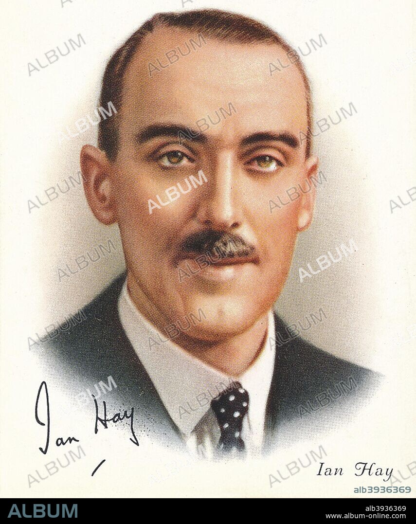 Major General John Hay Beith, CBE (1876-1952), British schoolmaster and soldier, best remembered as a novelist, playwright, essayist and historian who wrote under the pen name Ian Hay, 1937. Cigarette card 13 of 40 from Famous British Authors published by WD & HO Wills. A promotional item issued by the Imperial Tobacco Company of Great Britain & Ireland Ltd.