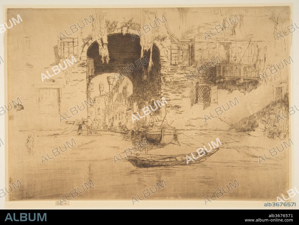JAMES ABBOTT MCNEILL WHISTLER. San Biagio. Artist: James McNeill Whistler (American, Lowell, Massachusetts 1834-1903 London). Dimensions: Plate: 8 1/4 × 11 7/8 in. (21 × 30.2 cm)
Sheet: 8 1/4 × 11 15/16 in. (21 × 30.3 cm). Series/Portfolio: Second Venice Set ("A Set of Twenty-Six Etchings by James A. McN. Whistler," 1886). Date: 1879-80.
San Biagio describes a working-class Venetian neighborhood east of the Riva degli Schiavoni. In the foreground, two small boats have been pulled onto the bank and drying laundry is strung overhead. Whistler used these details to establish a range of textures but devoted more attention to establishing a series of visual planes linked by a shadowed passageway. The composition progresses from the half-light of the canal into a dark tunnel and emerges into a brightly lit receding walkway punctuated by tall chimneys. A version of this print was exhibited in 1883 at the Fine Art Society then published in 1886 as part of the "Second Venice Set.".