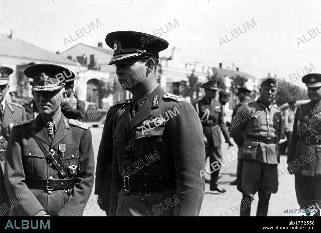 Ion Antonescu, Michael I of Romania and Ewald von Kleist during an inspection. The Romanian prime minister Ion Antonescu, King Michael I of Romania and the German General Ewald von Kleist during an inspection. Odessa, September 1941.