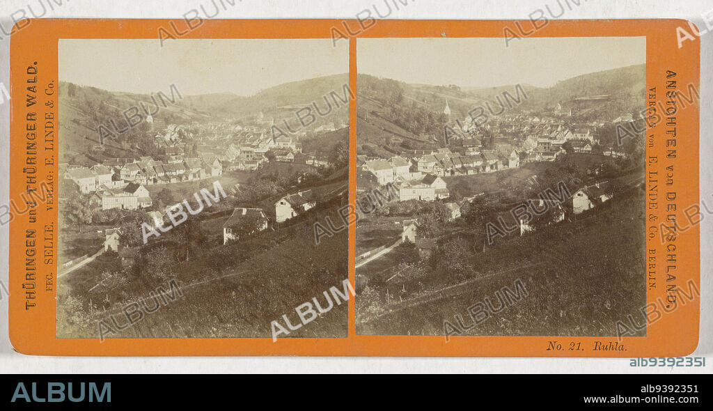 View of Ruhla, Ruhla (title on object), Ansichten von Deutschland, Thüringen und Thüringer Wald (series title on object), Hermann Selle (mentioned on object), publisher: E. Linde & Co (mentioned on object), Ruhla, publisher: Berlin, 1868 - 1890, cardboard, paper, albumen print, height 86 mm × width 176 mm.