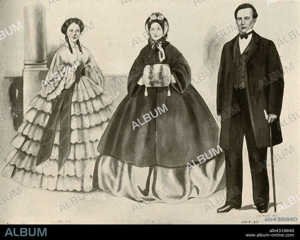 CECIL W TROUT. 'Clothing from 1860-1870', 1907, (1937). From "History of American Costume - Book One 1607-1800", by Elisabeth McClellan. [Tudor Publishing Company, New York, 1937].