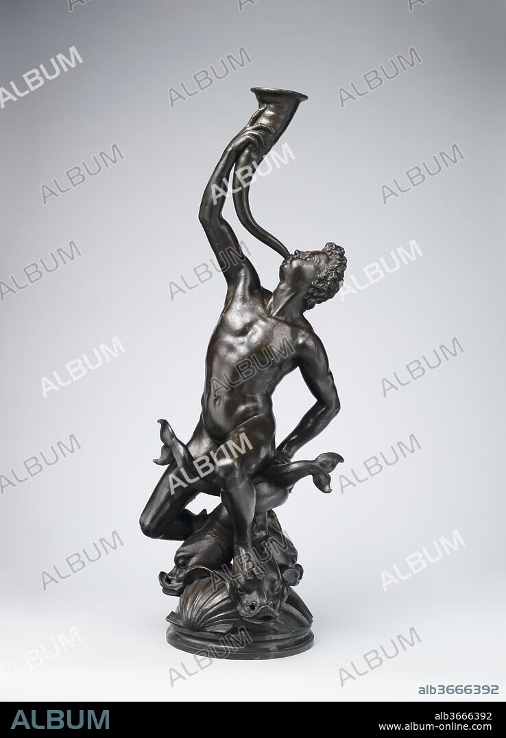 JUAN DE BOLONIA. Triton. Artist: Giambologna (Netherlandish, Douai 1529-1608 Florence). Culture: Italian, Florence. Dimensions: Height: 36 in., 53.9 lb. (91.4 cm, 24.4 kg). Date: 1560-70.
The Triton, seated on a circular base formed of three dolphins with tails interlaced and heads resting on three inverted scallop shells, originally served as a fountain figure.  Like most of the sculptor's compositions, this work was meant to be viewed from all sides.  With its supple modeling and its vigorous chasing, the present bronze is the earliest example of this composition to survive and should be dated to the artist's early maturity, in the 1560s, shortly after he arrived in Florence from his native Flanders.
Giambologna was renowned for his skill in casting bronze, the medium in which almost all his work (ranging in scale from minute to monumental) was executed. The nature of the casting process lent itself to the multiplication of original models under the sculptor's supervision as well as the production of so-called aftercasts.  One of Giambologna's own casts of the Triton, presumably fairly large like this example, was sent to France along with a cast of his celebrated Mercury.  Known reductions of the Triton composition show the streamlined simplifications that mark the majority of later bronzes after Giovanni Bologna's models, which became increasingly popular during the seventeenth century.