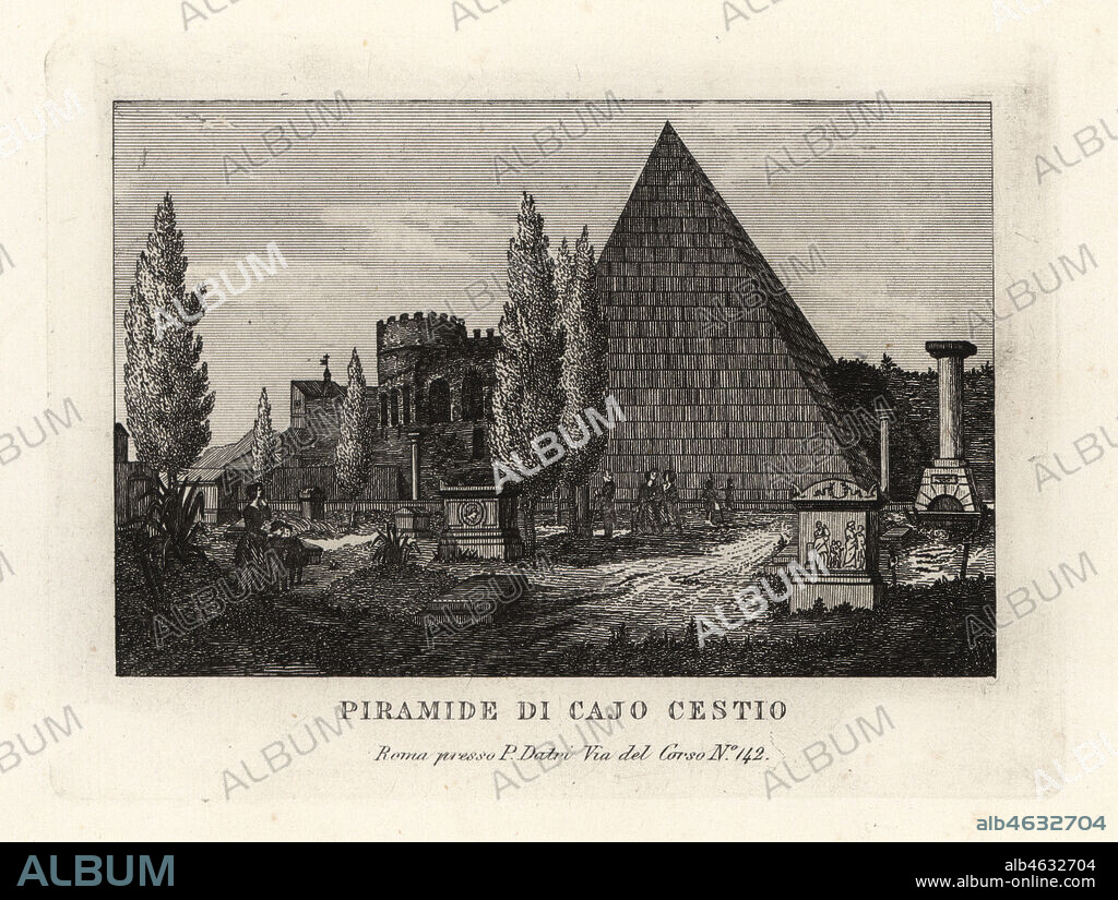 View of the Pyramid of Cestius, Piramide di Cajo Cestio, Rome. Copperplate engraving from Pietro Datri's New Collection of Principal Views of Rome Ancient and Modern with the ruins of war, Rome, 1849.