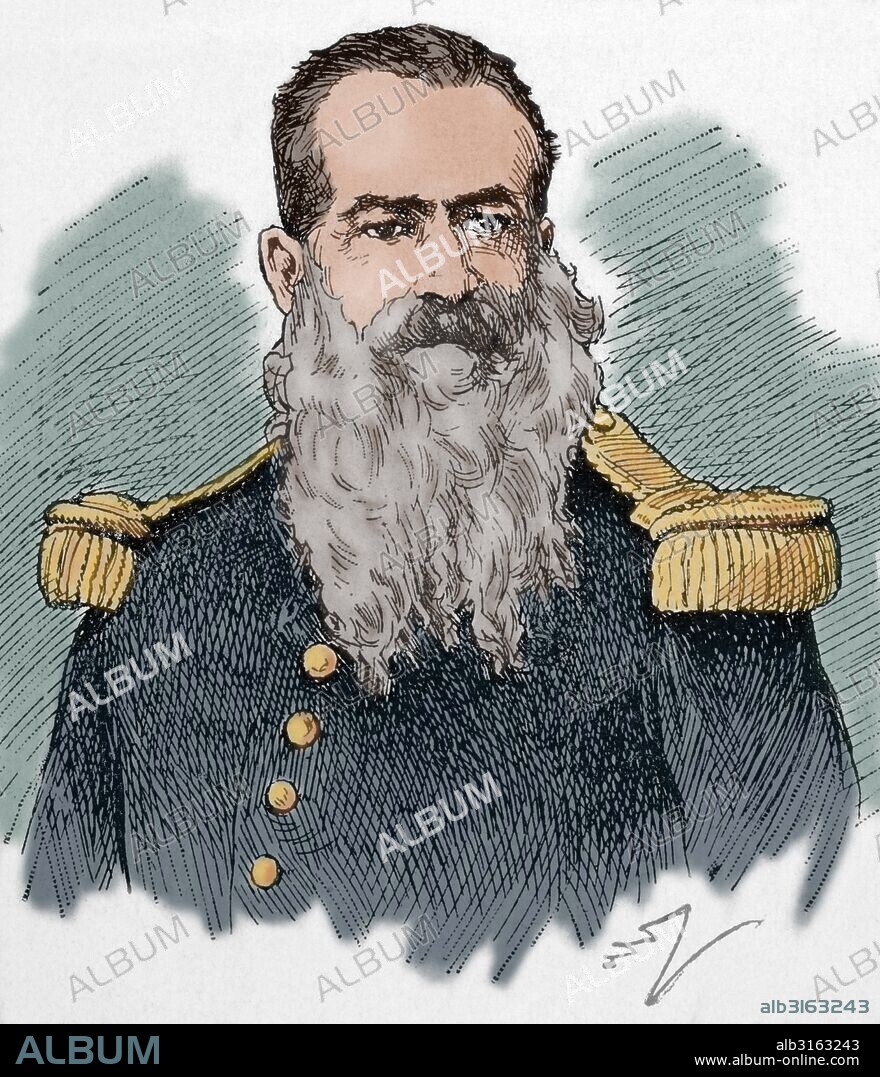 General José Calixto Mendizabal Aparicio (1837-1898). Político guatemalteco. Ministro de Guerra, Vicepresidente de la República de Guatemala. Luchó contra el General Justo Rufino Barrios. Grabado coloreado. Siglo XIX.