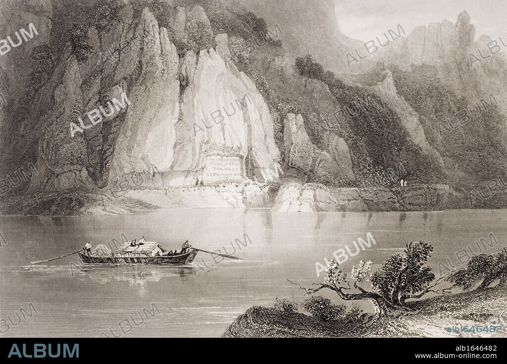 Inscription on the Via Trajana, Kazan Pass, Hungary. La Table de Trajan, to commemorate the first campaign against the Dacians, A.D. 103. Engraved by J.C. Bentley after W.H. Bartlett.