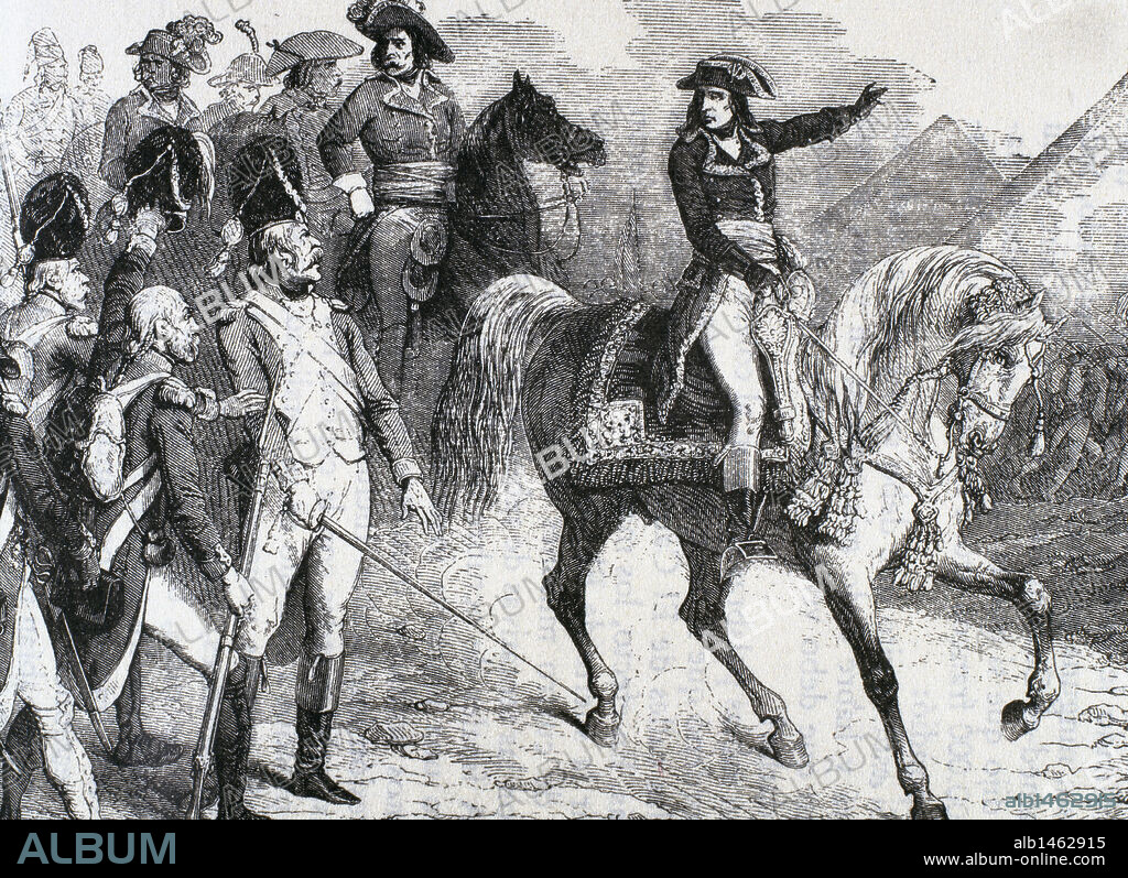 Napoleon Bonaparte (1769-1821). Military and political leader of France and Emperor of the French as Napoleon I. Battle of the Pyramids (1798). Engraving.