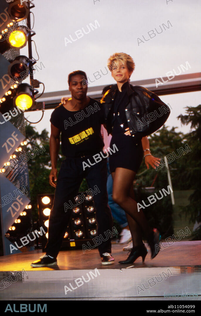 Dutch eurodisco singer CC Catch performing on German chartshow "ZDF-Sommerhitparade", Germany 1988.