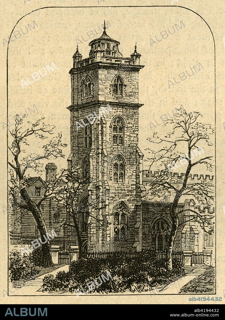 'Milton's Burial-Place', 1897. The poet John Milton (1608-1674) was buried at the church of St Giles-without-Cripplegate in the City of London. It is one of the few medieval churches in the City to have survived the Great Fire of 1666. From Old and New London, Volume I, by Walter Thornbury. [Cassell and Company, Limited, London, Paris & Melbourne, 1897].