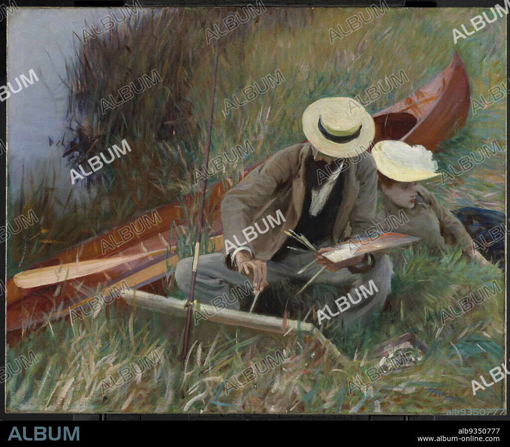 An Out-of-Doors Study, John Singer Sargent, American, born Italy, 1856-1925, Oil on canvas, 1889, frame: 41 1/2 x 48 5/8 x 6 in., 105.4 x 123.5 x 15.2 cm, Artist, artist at work, beard, boat, brush, canoe, canvas, Grass, hats, island, landscape, lovers, man, marsh, oar, Paint Brushes, painter, painting, painting landscape, palette, passing time, People, plein-air, Sargent, self-portrait, straw hat, Water, wetland, woman.