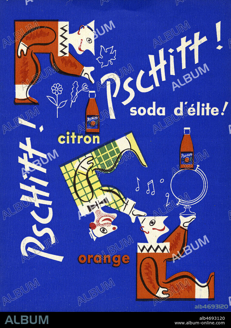 'Pschitt citron, Pschitt orange, soda d'elite !'. Protege-cahier publicitaire vers 1950. Illustration de Jean CARLU (1900-1997 = ADAGP). Credit : Collection IM/KHARBINE-TAPABOR.