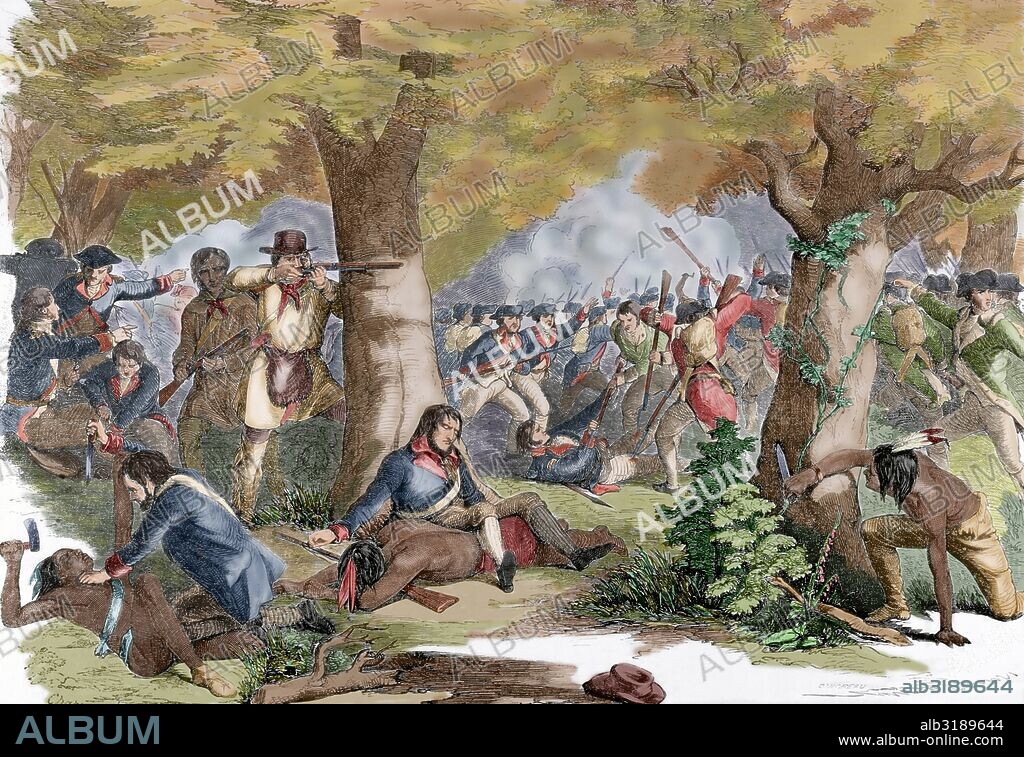 GUERRA DE LA INDEPENDENCIA AMERICANA (1775-1783). Batalla de Oriskany. 6 de agosto de 1777. Cerca de Rome, Nueva York. Lucha entre milicia patriota y guerreros Onedia contra una fuerza combinada de británicos, realistas y guerreros mohawk, seneca, hurones y nippising. Grabado por Damoreau. Coloreado.