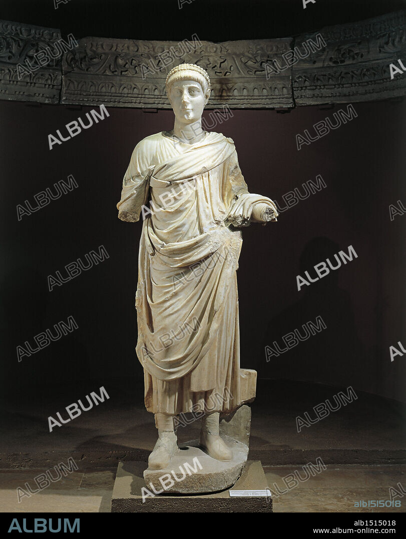 Roman civilization, 4th century A.D. Marble statue of Emperor Valentinian II (387-390). From Aphrodisias, Turkey.