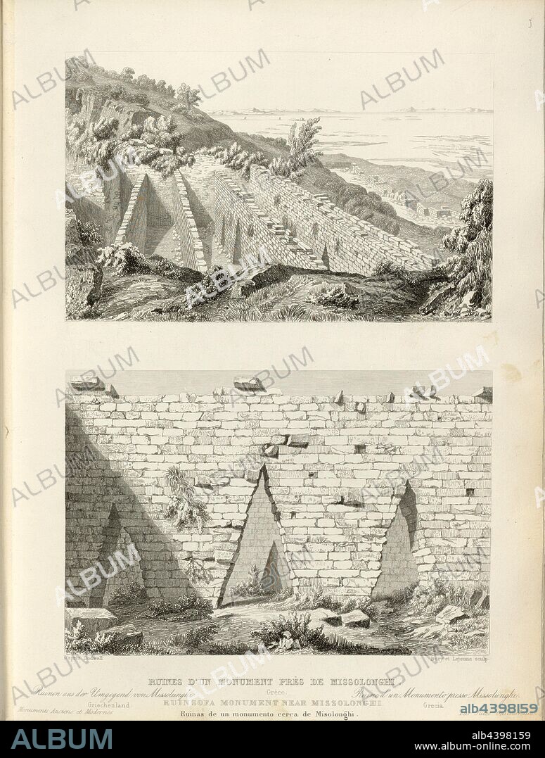 Ruins of a Monument near Missolonghi, Ruins in the area Mesolongi in Greece, signed: d'après Dodwell, Bury et Leujeune (sculp.), Fig. 16, p. 79, Dodwell, Edward (d'après.), Bury, J. (sc.), Leujeune, Emile (sc.), 1853, Jules Gailhabaud: Monuments anciens et modernes. Bd. 1. Paris: Librairie de Firmin Didot frères, 1853.