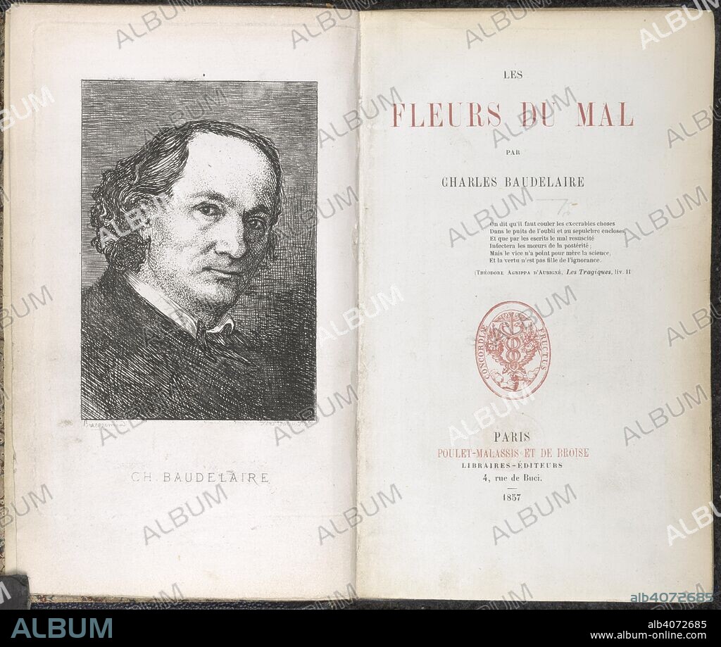 Charles Pierre Baudelaire. Les Fleurs du mal. [Poems. With a portrait.]. Paris, 1857. Charles Pierre Baudelaire (1821-1867). French symbolist poet. Portrait.Title page of his major work.  Image taken from Les Fleurs du mal. [Poems. With a portrait.].  Originally published/produced in Paris, 1857. . Source: C.97.bb.19, frontispiece & title page. Language: French.