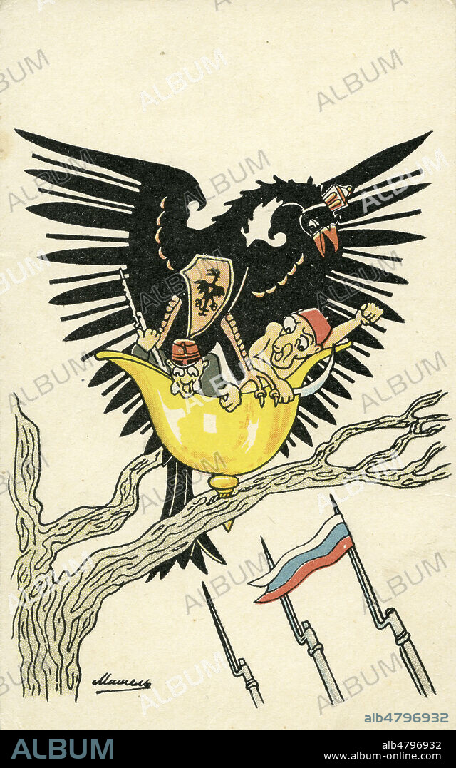 L'aigle imperial allemand protege dans son nid en forme de casque a pointe Francois-Joseph et Mehmet V des baionnettes des armees russes. Illustration anonyme pour une carte postale russe de la guerre 14-18. Credit : Collection IM/KHARBINE-TAPABOR.