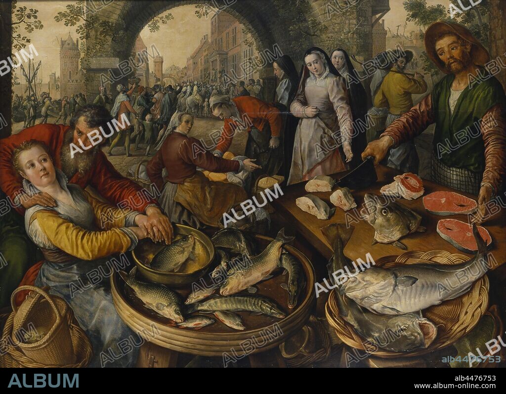 Joachim Beuckelaer, Fish Market with Ecce Homo, Fish trade, Ecce Homo, painting, religious art, 1570, oil on panel, Height, 151 cm (59.4 inches), Width, 202 cm (79.5 inches), Signed, Joachim buckeleer 1570.