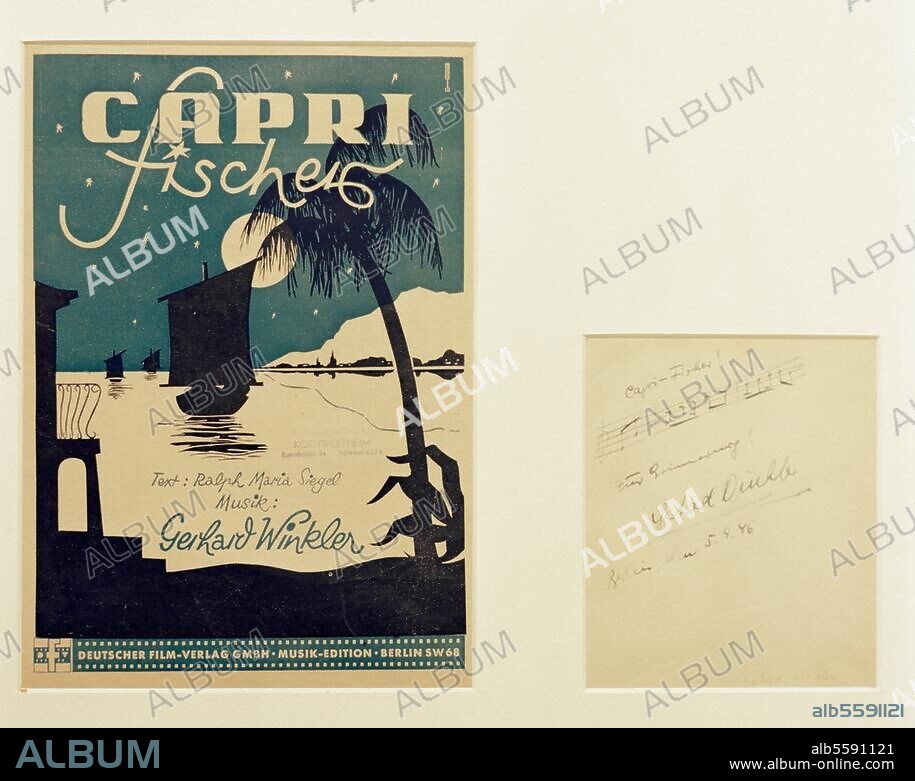 Musik / Schlager. Titelblatt des Notendrucks: Capri-Fischer, Musik: Gerhard Winkler, Text: Ralph Maria Siegel, Berlin (Deutscher-Film-Verlag) o. J. (Nachkriegsausgabe) und musikalisches Albumblatt des Komponisten vom 5. Sept. 1946.