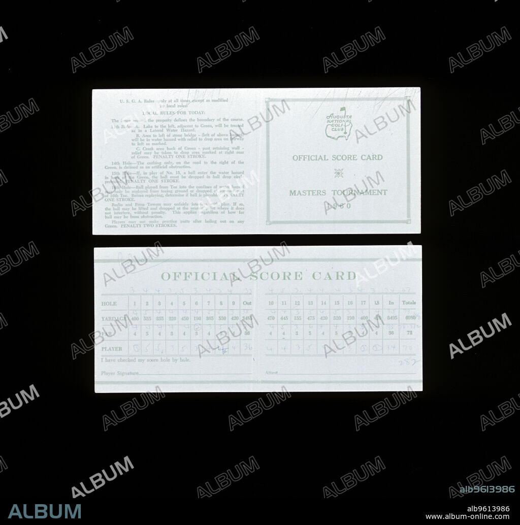 Scorecard and rule card for US Masters Tournament, 1960. The tournament, held at Augusta National Golf Club, was won by Arnold Palmer.