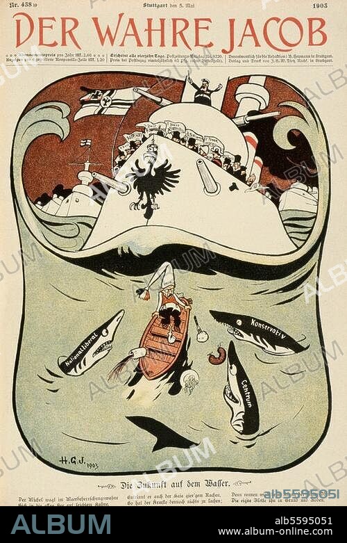 Deutsches Reich / Flottenpolitik. "Die Zukunft auf dem Wasser. Der Michel wagt im Meerbeherrschungswahne / Sich in die offne See (..) ". Karikatur. Zeichnung von Hans Gabriel Jentzsch (geb. 1862). Aus: Der Wahre Jacob, Nr. 438, Stuttgart. (J.H.W.Dietz) 5. Mai 1903, S. 4025. Berlin, Sammlung Archiv für Kunst und Geschichte.