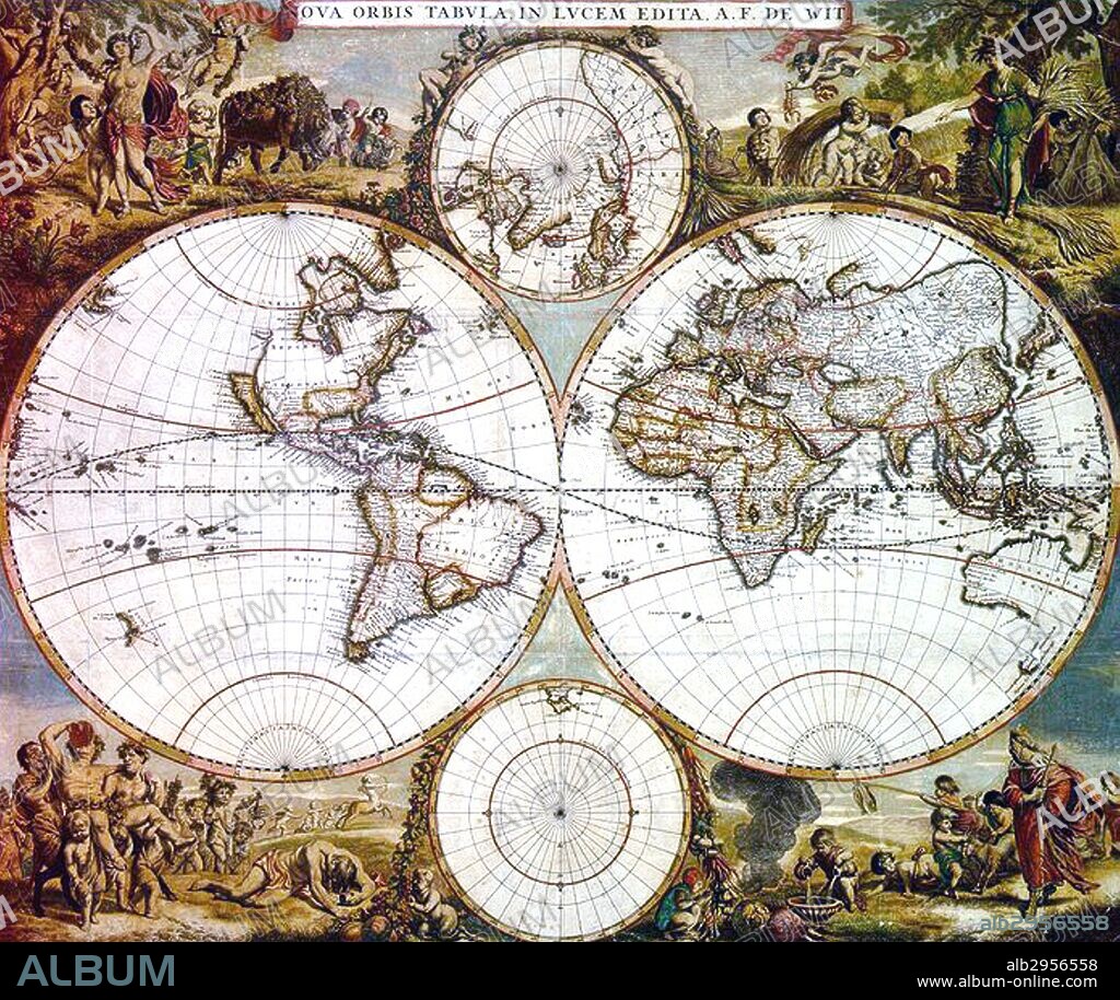 Nova Orbis Tabula in Lucem Edita by Frederik de wit (1630-1706). The map represents the two hemispheres, surrounded by allegorical drawings of the four seasons, the four elements and zodiacal signs. Dated 17th Century.
