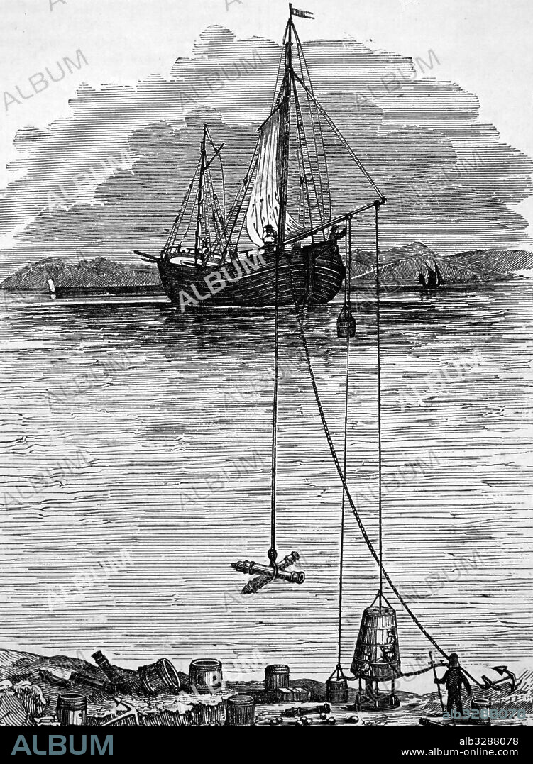 Representation of Halley's diving bell, showing how the barrel of air was lowered to the sea bed and connected to bell by a pipe. A second pipe led from the bell to a diver wearing a helmet. Dated 19th Century.