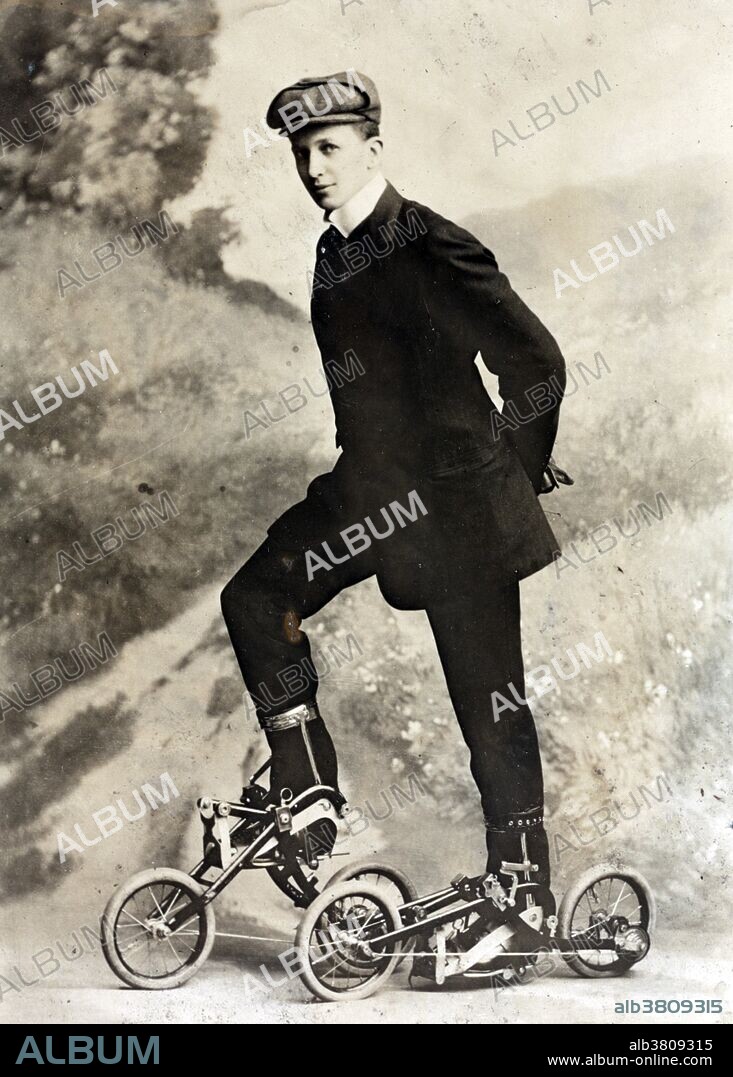 Entitled: "Roller skating" shows a young man on miniature, two-wheeled bicycle-like roller skates that are pedaled. Takypod is a machine is driven by pedaling, but unlike a bicycle, the rider sits on, takypoden are attached at the feet. The inventor was Edward Petrini. George Grantham Bain Collection November 8, 1910.