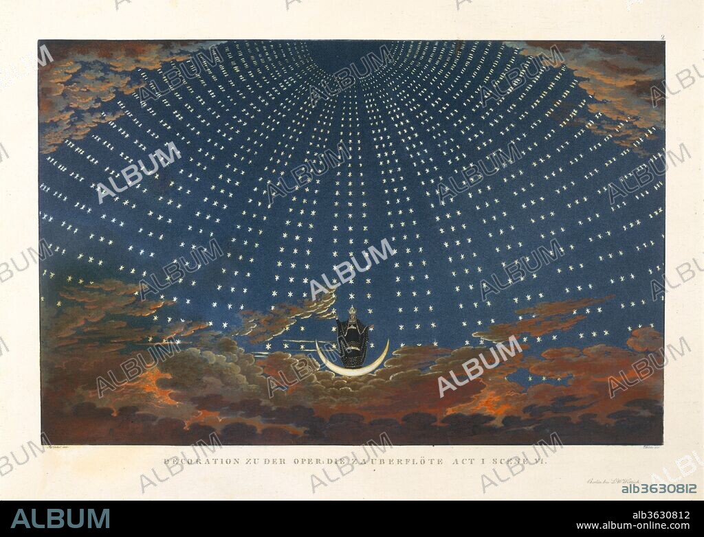Design for The Magic Flute:  The Hall of Stars in the Palace of the Queen of the Night, Act 1, Scene 6. Artist: After Karl Friedrich Schinkel (German, Neuruppin 1781-1841 Berlin); Karl Friedrich Thiele (German, 1780-1836). Dimensions: image: 9 x 13 3/4 in. (22.8 x 35 cm)
plate: 11 3/16 x 15 3/4 in. (28.4 x 40 cm)
sheet: 13 13/16 x 20 3/16 in. (35.1 x 51.2 cm). Publisher: Published by Ludwig Wilhelm Wittich (German, 1773-1832). Date: 1847-49.
Schinkel, the most prominent and prolific German architect of the nineteenth century, also worked for Berlin's major theatrical stages. His designs for a 1816 production of Mozart's opera Die Zauberflöte remain his best known. Inspired by the Masonic themes incorporated in the opera's libretto, most of Schinkel's sets are in a resolutely Egyptian style.The pair shown here at left evokes the land reigned over by the evil Queen of the Night; the two at right are for the opera's second act, when the princely pair Tamino and Pamina progress through the realm of Sarastro. A selection of thirty-two designs was published several times from 1819 on; the Museum's impressions appear to be from the first edition. Great care was taken in the publication of the plates, which were finished by hand.