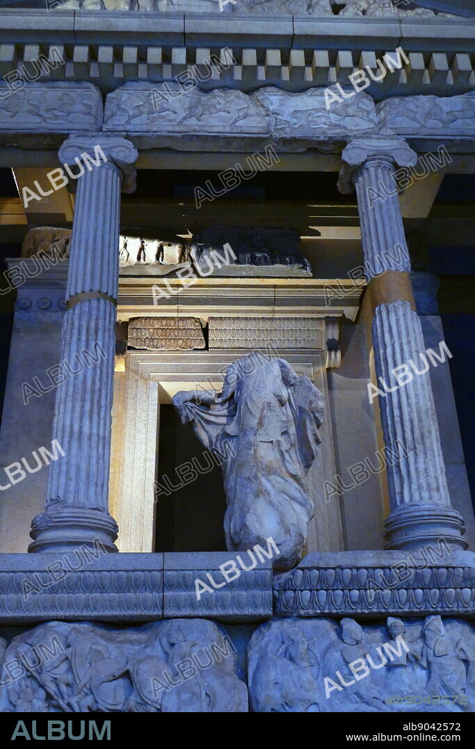 The Nereid Monument is a sculptured tomb from Xanthus in classical period Lycia, Turkey. It took the form of a Greek temple on top of a base decorated with sculpted friezes, and is thought to have been built in the early fourth century BC as a tomb for Arbinas, the Xanthian dynast who ruled western Lycia.