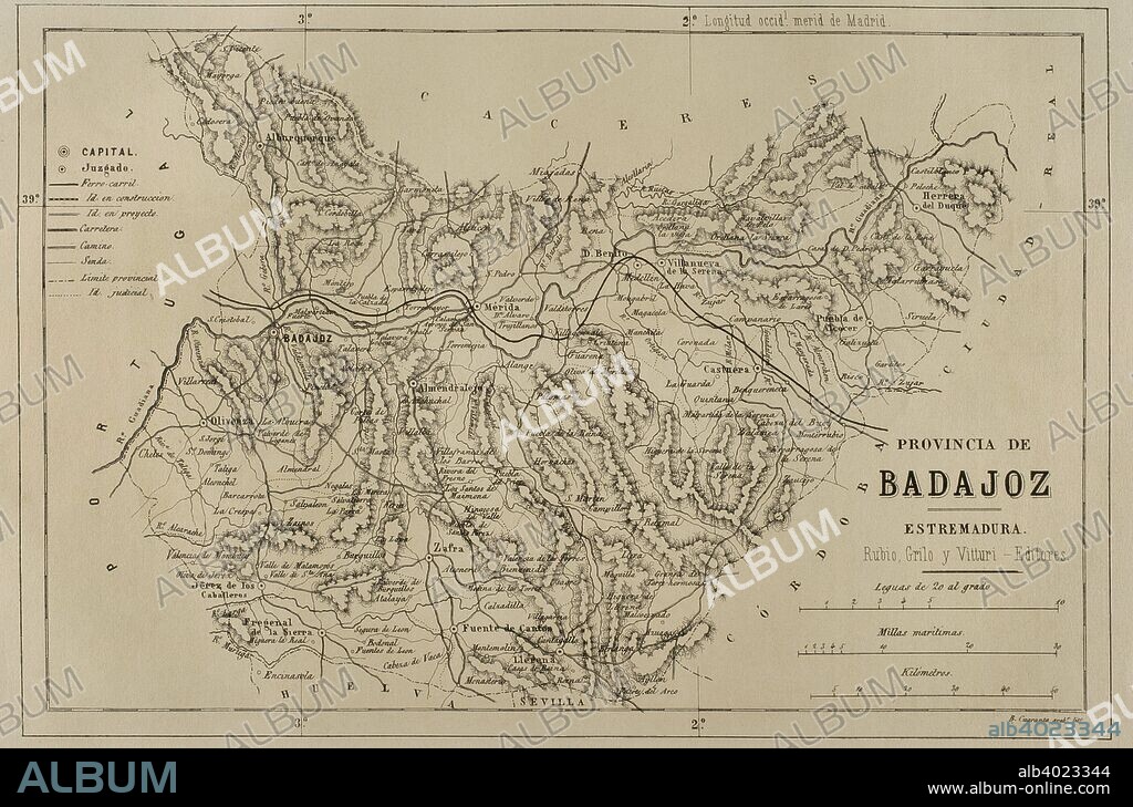 Mapa de la Provincia de Badajoz. Crónica General de España, Historia Ilustrada y Descriptiva de sus Provincias. Extremadura, 1870. Biblioteca Histórico Militar de Barcelona. Cataluña, España.