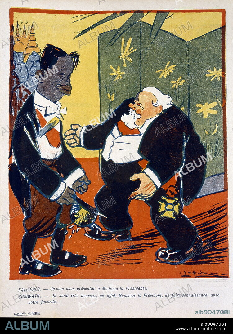 1906 Illustration depicting Sisowath (1840 - 1927), king of Cambodia with, Clement Armand Fallieres, President of France from 1906 to 1913.