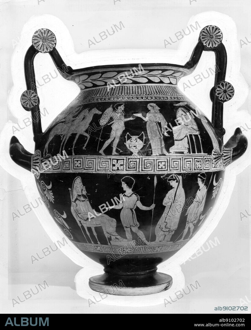 The legendary beginnings of the Trojan War, the bottom picture on this Athenian vase shows Paris presenting Helen to his father at his court in Troy.