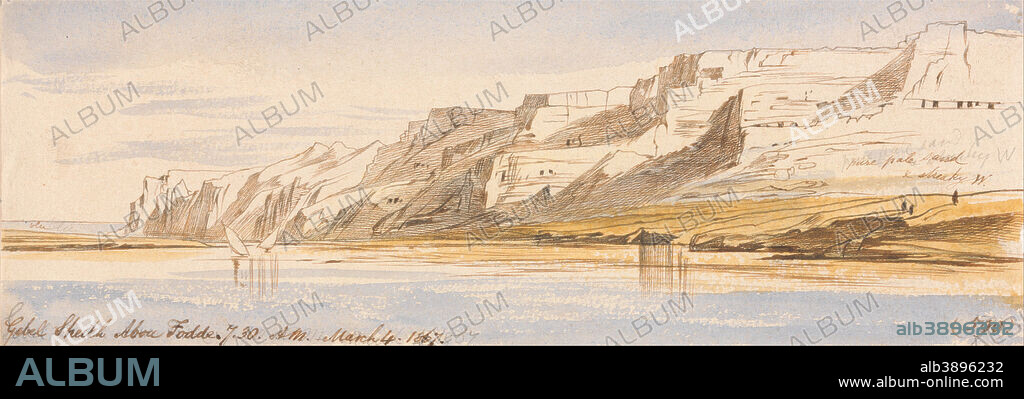 EDWARD LEAR. Gebel Sheikh Abu Fodde, 7:30 am, 4 March 1867 (590). Date/Period: 1867. Landscape. Watercolor with pen in brown ink over graphite on thick, rough, cream wove paper. Height: 86 mm (3.38 in); Width: 252 mm (9.92 in).