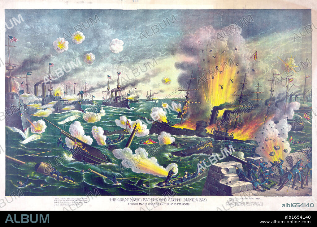 Spanish-American War 1898: Battle of Manila Bay, Philippines, 1 May 1898, the first major engagement of the conflict. Spanish vessels destroyed by American fire. Overwhelming US victory. Print c1898. Naval Warfare.