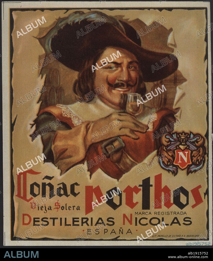 Publicidad. Etiqueta de Coñac Porthos, de Destilerías Nicolás, Barcelona. Años 1940.