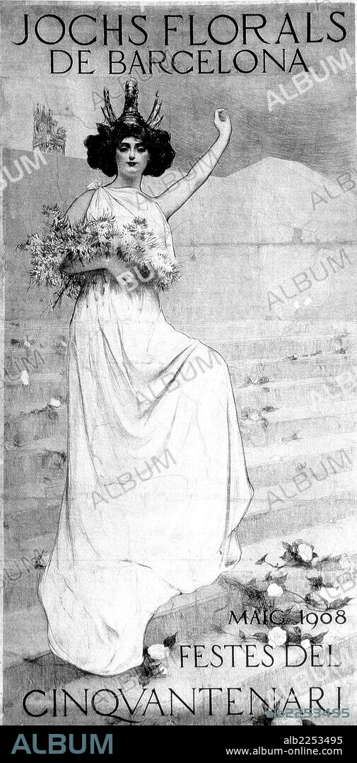 RAMÓN CASAS. RAMON CASAS. PINTOR ESPAÑOL. BARCELONA 1866-1932. " JUEGOS FLORALES DE BARCELONA ". CARTEL AÑO 1908.