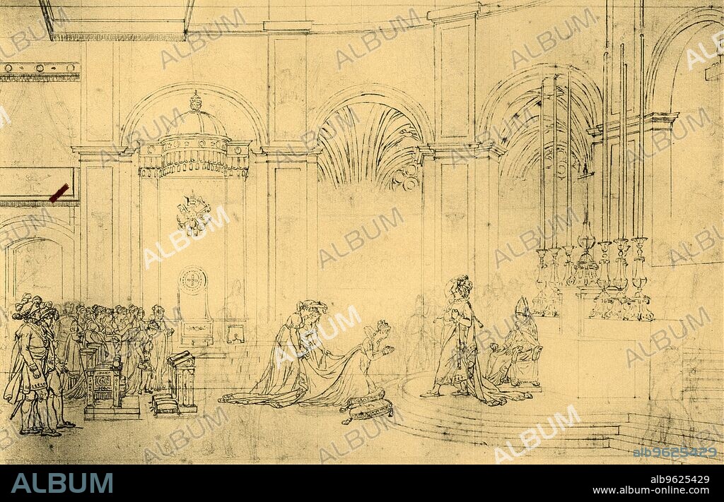 JACQUES LOUIS DAVID. Sketch for 'The Coronation of Napoleon', c1807, (1921). 'Le Couronnement de l'Empereur'. Preparatory study for a painting of the coronation of Emperor Napoleon I (1769-1821) which took place on Sunday 2 December 1804 at the cathedral of Notre-Dame in Paris. Napoleon crowns himself as Josephine kneels before him, hands in a gesture of prayer. 'Le Sacre de Napoléon' by Jacques-Louis David, the official painter of Napoleon, was completed in 1807. From "Napoleon", by Raymond Guyot, [H. Floury, Paris, 1921].