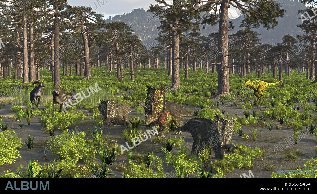 Bistahieversor and Parasaurolophus dinosaurs during the Kirtland Formation. The Kirtland Formation was laid down about 80-75 million years ago in New Mexico. This scene might have happened around 77 million years ago. In the foreground are Pentaceratops. A medium sized ceratopsian about 18 feet long and 2.5 tons. Midway back and to the left are Parasaurolophus tubicen. A fair sized Hadrosaur they might be as big as 36 feet and 5 tons. A full sized adult would prove a challenge for the local predator. Bistahieversor was a tyrannosaurid and estimated 30-33 feet and 3 tons.